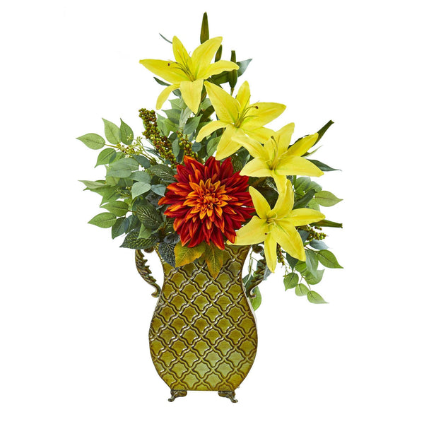 25” Dahlia, Lily and Ficus Artificial Plant in Metal Planter