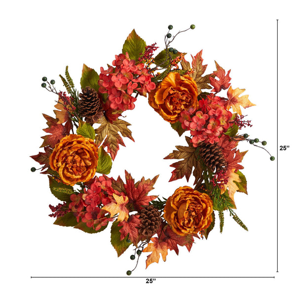 25” Fall Ranunculus, Hydrangea and Berries Autumn Artificial Wreath