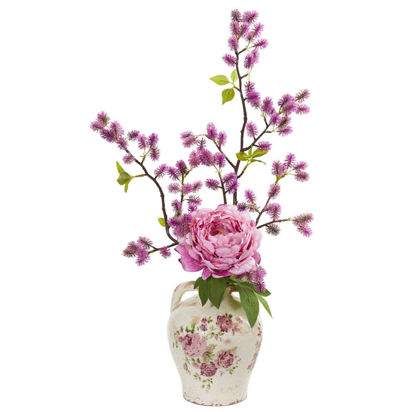25” Peony and Thistle Artificial Arrangement in Flower Print Jar
