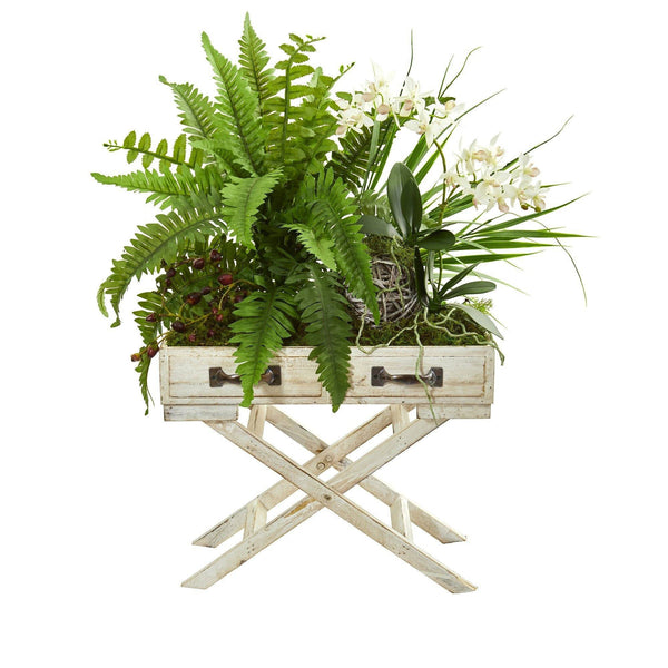 25” Phalaenopsis Orchid, Fern and Mixed Greens Artificial Arrangement in Drawer Planter