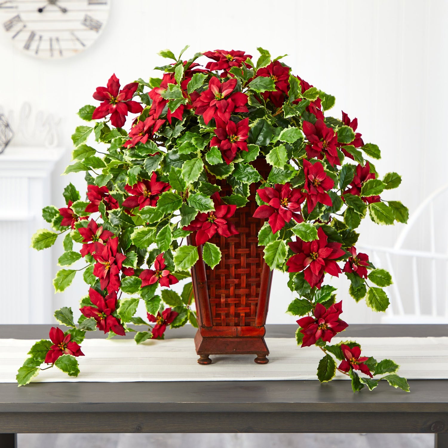 25” Poinsettia and Variegated Holly Artificial Plant in Planter (Real Touch)
