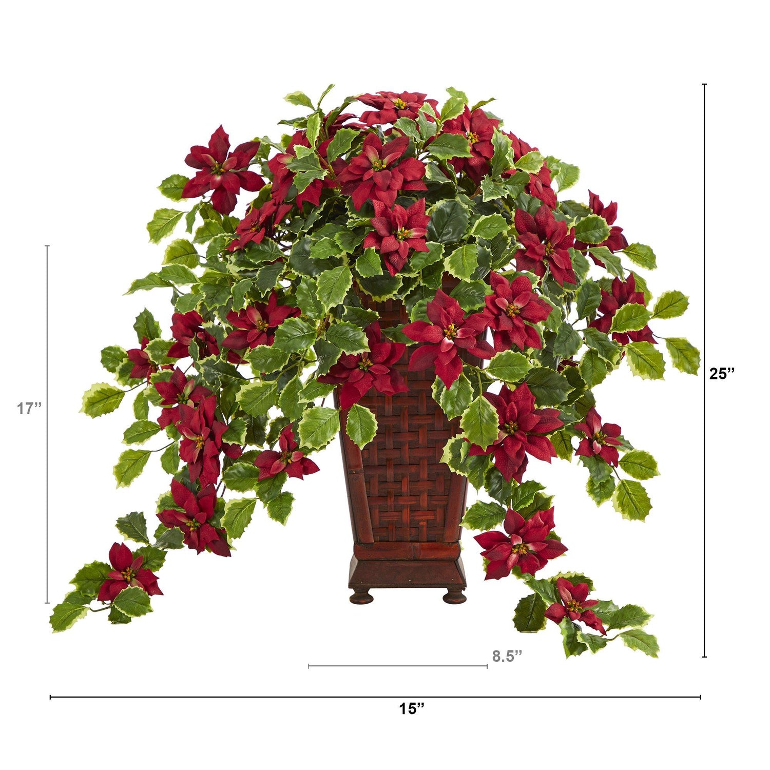25” Poinsettia and Variegated Holly Artificial Plant in Planter (Real Touch)