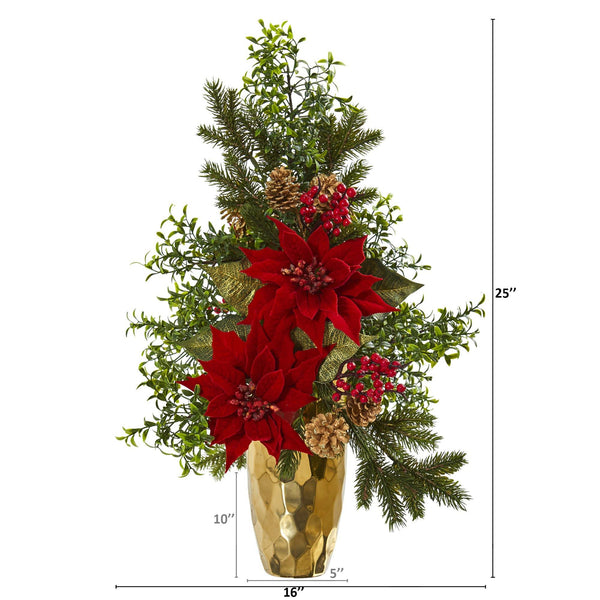 25” Poinsettia, Boxwood and Pine Artificial Arrangement in Gold Vase
