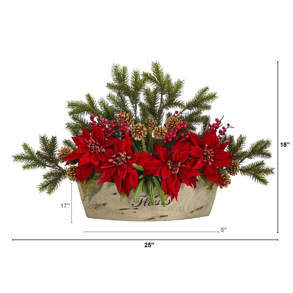 25” Poinsettia, Succulent and Pine Artificial Arrangement in Decorative Vase