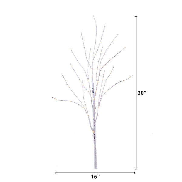 2.5' Pre-Lit Artificial White Birch Branches with Warm White 100 Micro LED Lights - Set of 2