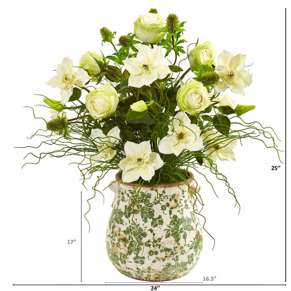 25” Rose, Mixed Floral and Grass Artificial Arrangement in Floral Vase