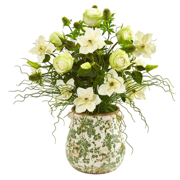25” Rose, Mixed Floral and Grass Artificial Arrangement in Floral Vase
