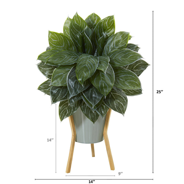 25” Silver Aglaonema Artificial Plant in Green Planter with Stand (Real Touch)