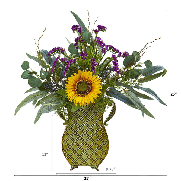 25” Sunflower, Eucalyptus and Berries Artificial Plant in Metal Planter