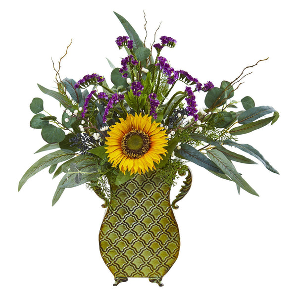 25” Sunflower, Eucalyptus and Berries Artificial Plant in Metal Planter