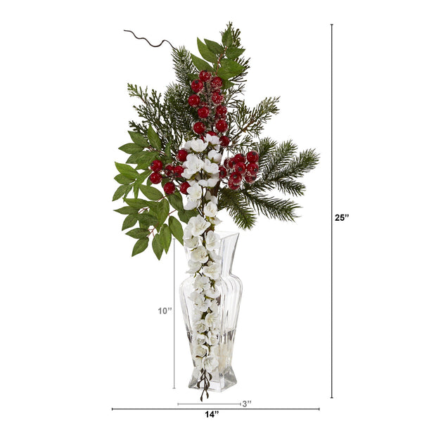 25” Wisteria, Iced Pine and Berries Artificial Arrangement in Glass Vase
