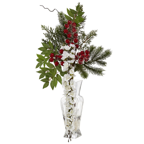 25” Wisteria, Iced Pine and Berries Artificial Arrangement in Glass Vase