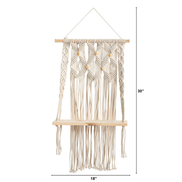 2.5’ x 1.5’ Handmade Boho Macrame Wall Hanging with Wooden Shelf