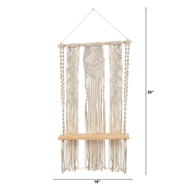 2.5’ x 1.5’ Layered Macrame Wall Hanging with Wooden Shelf