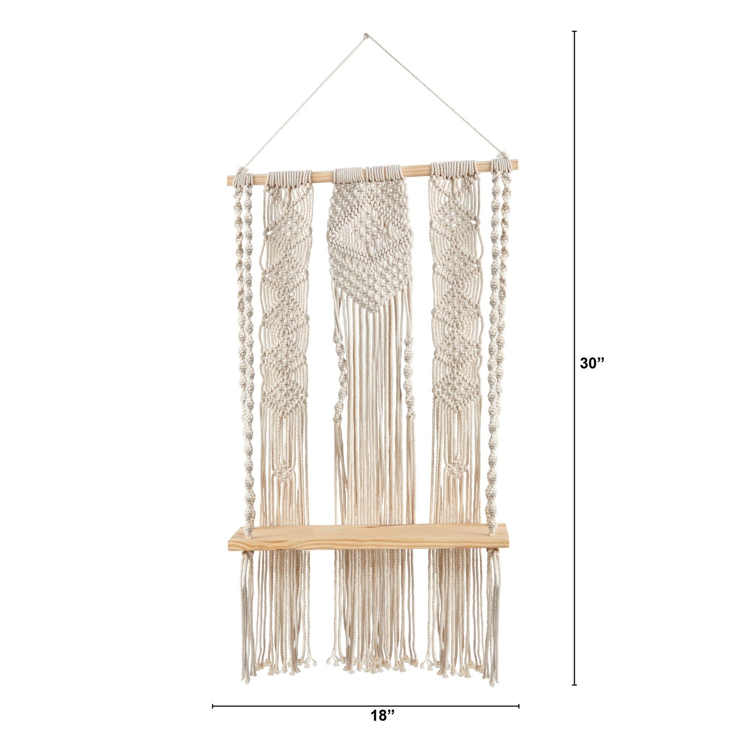 2.5’ x 1.5’ Layered Macrame Wall Hanging with Wooden Shelf