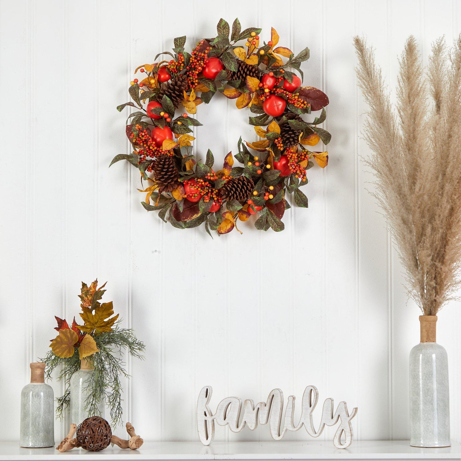 26” Autumn Persimmon and Pinecones Artificial Fall Wreath