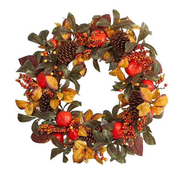 26” Autumn Persimmon and Pinecones Artificial Fall Wreath