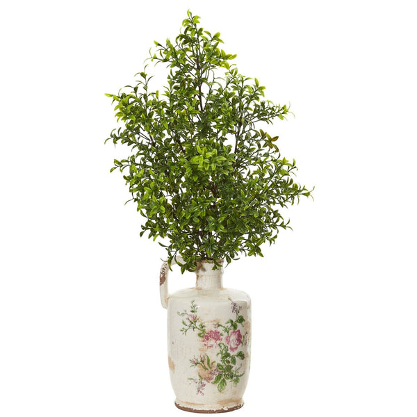 26” Boxwood Artificial Plant in Floral Print Vase