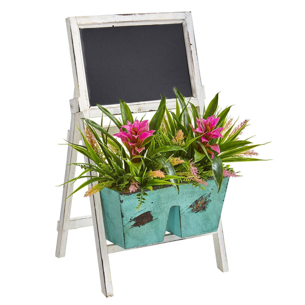 26” Bromeliad and Grass Artificial Plant in Farmhouse Stand with Chalkboard