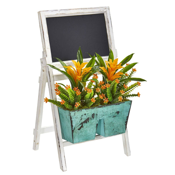 26” Bromeliad and Succulent Artificial Plant in Farmhouse Stand with Chalkboard