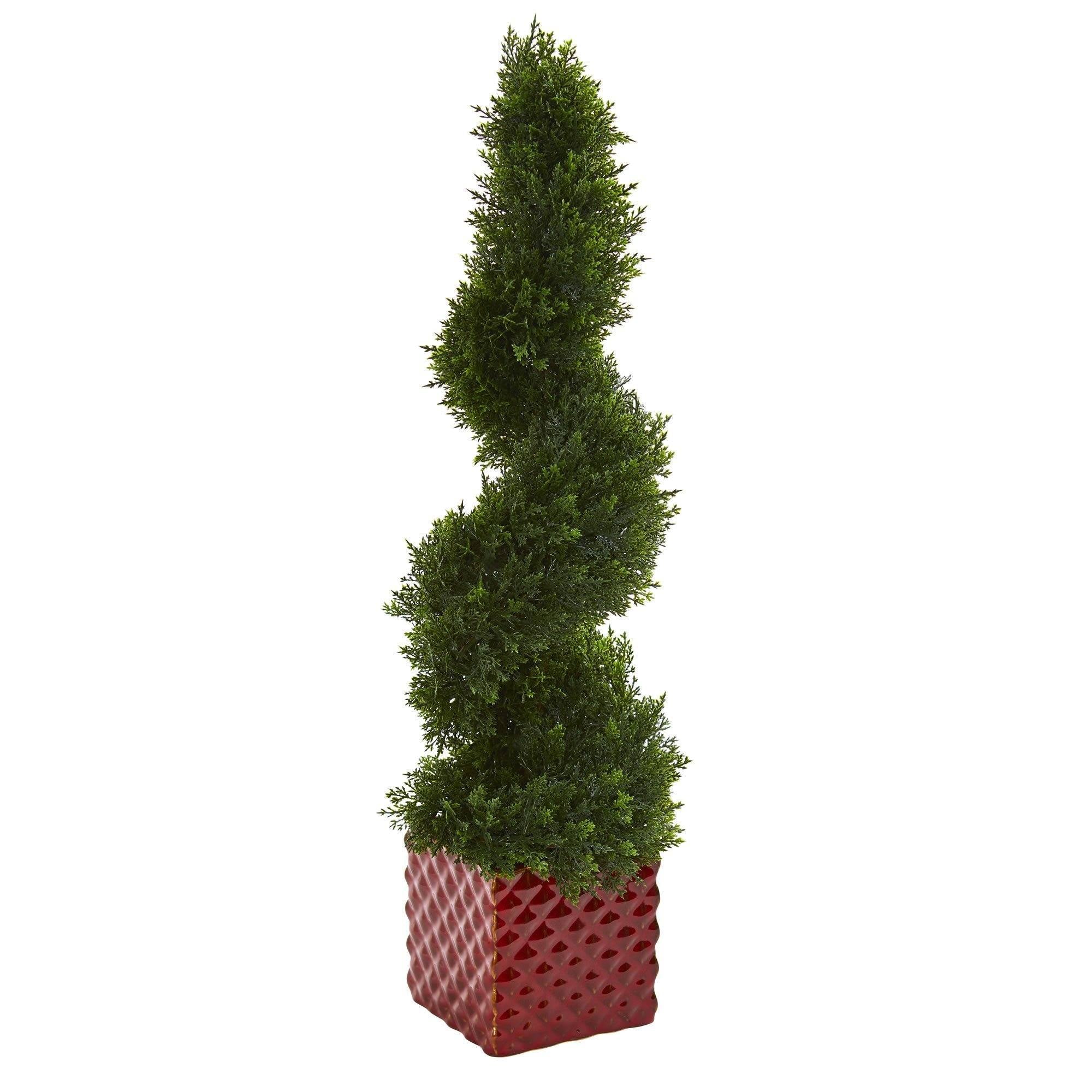 26” Cedar Spiral Artificial Topiary Tree in Red Ceramic Cube | Nearly ...