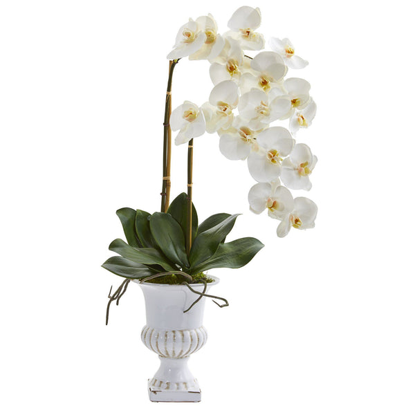 26” Double Phalaenopsis Orchid Artificial Arrangement in White Urn
