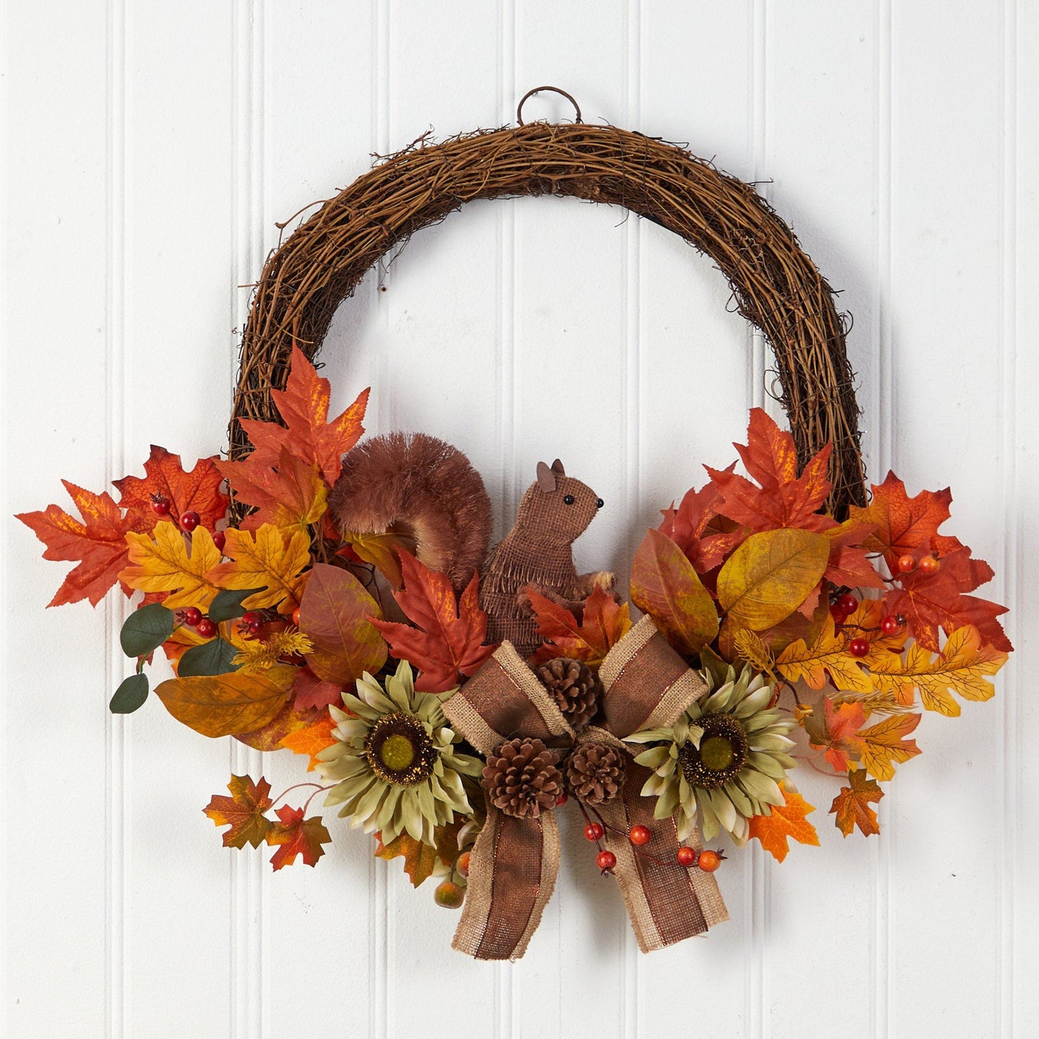 26” Fall Harvest Artificial Autumn Wreath with Twig Base and Squirrel