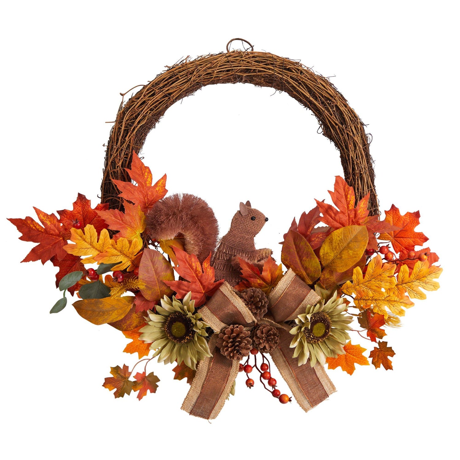 26” Fall Harvest Artificial Autumn Wreath with Twig Base and Squirrel