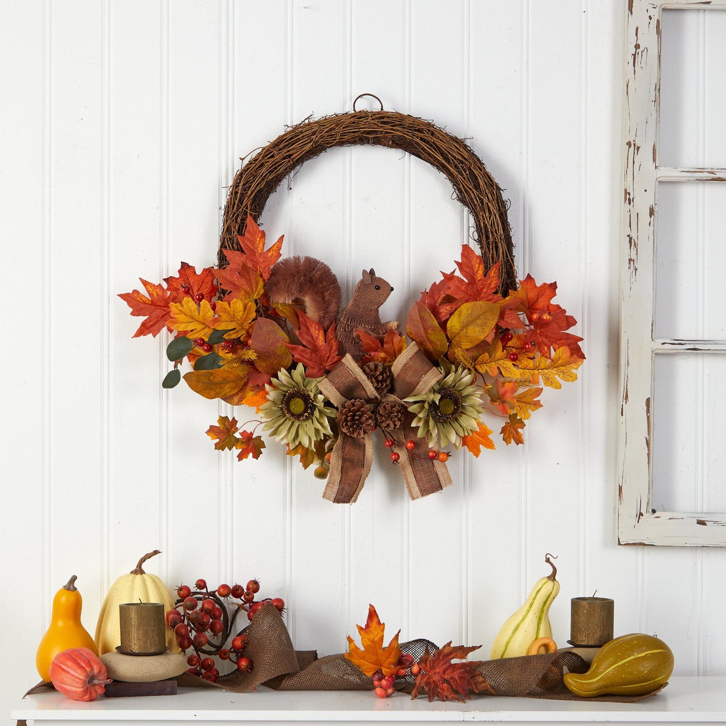 26” Fall Harvest Artificial Autumn Wreath with Twig Base and Bunny ...