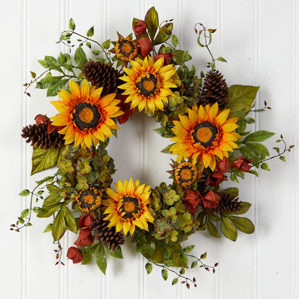 26” Fall Hydrangea, Sunflower and Pinecones Artificial Autumn Wreath