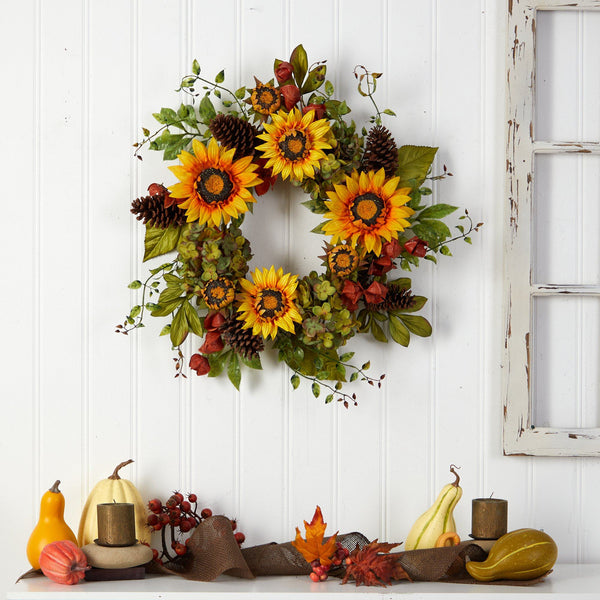 26” Fall Hydrangea, Sunflower and Pinecones Artificial Autumn Wreath