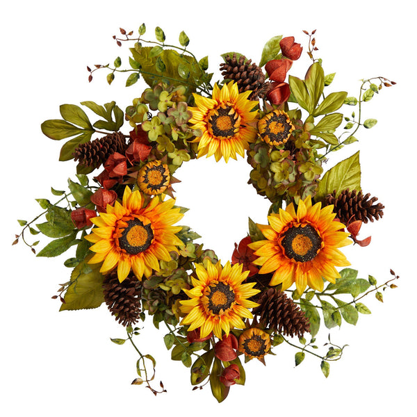 26” Fall Hydrangea, Sunflower and Pinecones Artificial Autumn Wreath