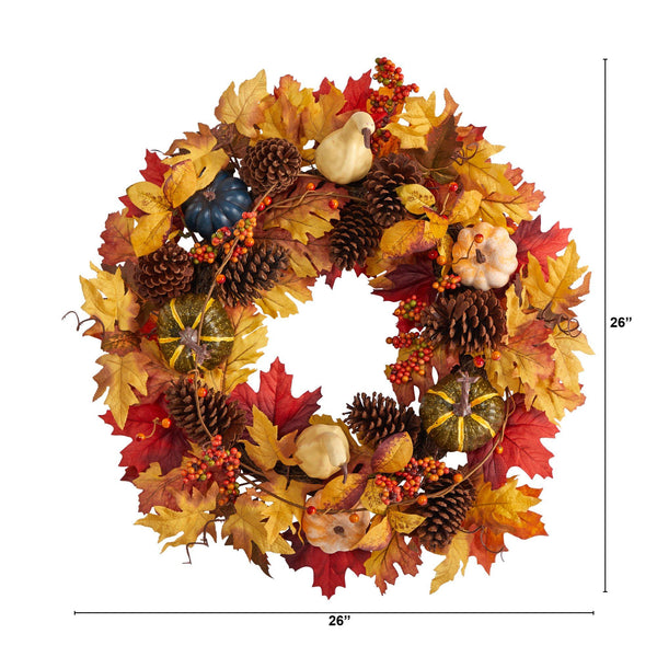 26” Fall Pumpkin, Gourd, Pinecone and Maple Leaf Artificial Autumn Wreath