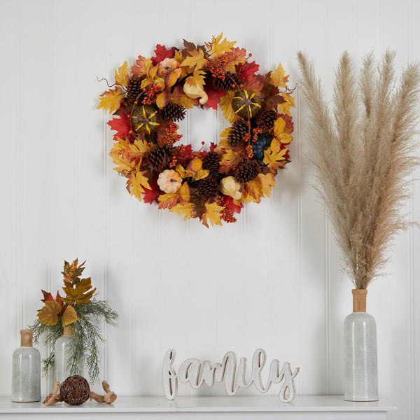 26” Fall Pumpkin, Gourd, Pinecone and Maple Leaf Artificial Autumn Wreath