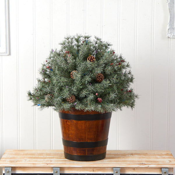 26” Flocked Shrub with Pinecones, 150 Multicolored LED Lights and 280 Branches in Planter