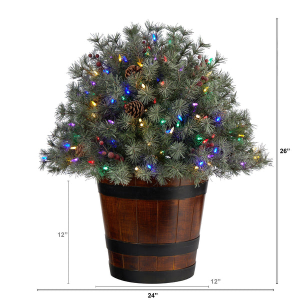 26” Flocked Shrub with Pinecones, 150 Multicolored LED Lights and 280 Branches in Planter