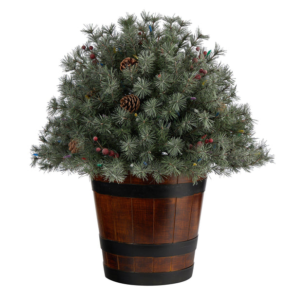 26” Flocked Shrub with Pinecones, 150 Multicolored LED Lights and 280 Branches in Planter