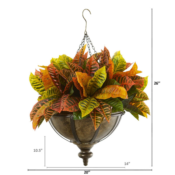 26” Garden Croton Artificial Plant in Hanging Metal Bowl (Real Touch)