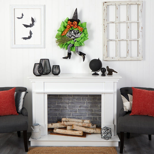 26" Halloween Witch Broom and Hat Mesh Wreath"