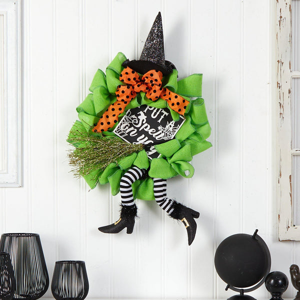 26" Halloween Witch Broom and Hat Mesh Wreath"