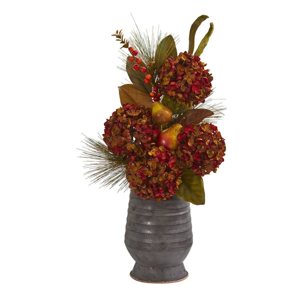 26” Hydrangea, Pear and Magnolia Artificial Arrangement in Metal Vase