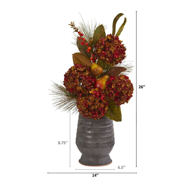 26” Hydrangea, Pear and Magnolia Artificial Arrangement in Metal Vase