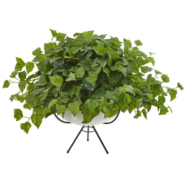 26” London Ivy Artificial Plant in White Planter with Metal Stand (Real Touch)