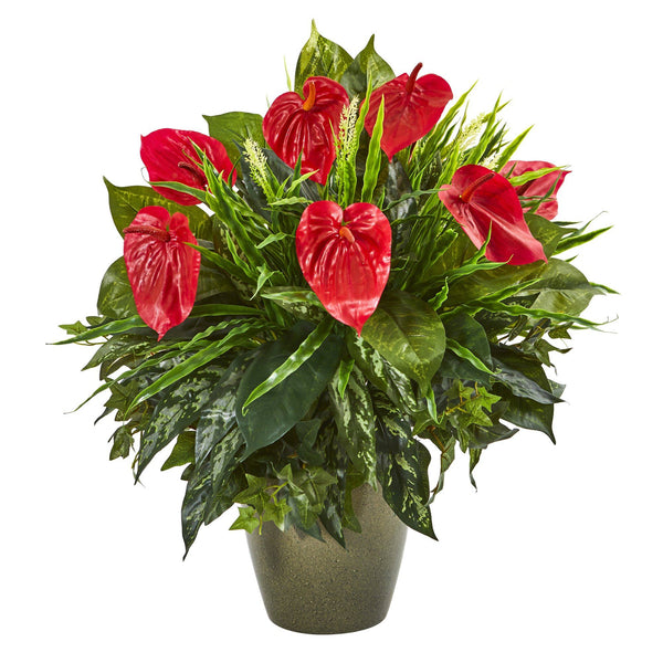 26” Mixed Anthurium Artificial Plant in Green Planter