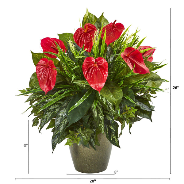 26” Mixed Anthurium Artificial Plant in Green Planter