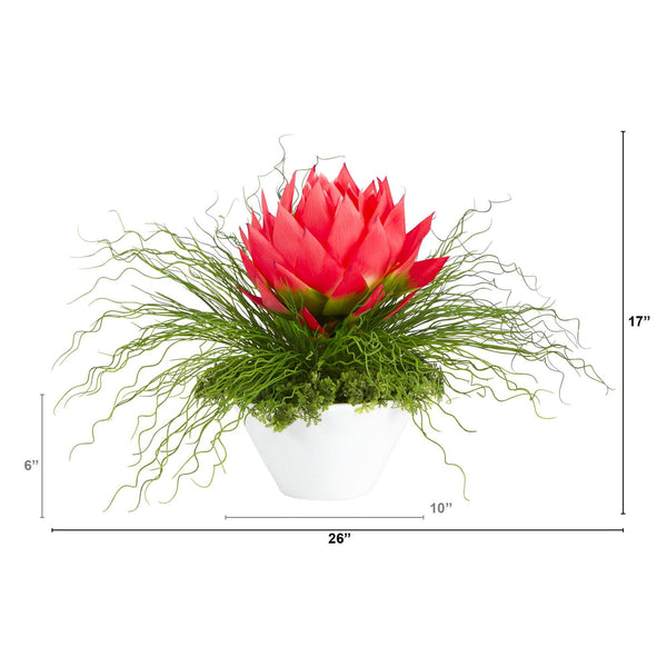 26” Musella and Grass Artificial Arrangement in White Vase