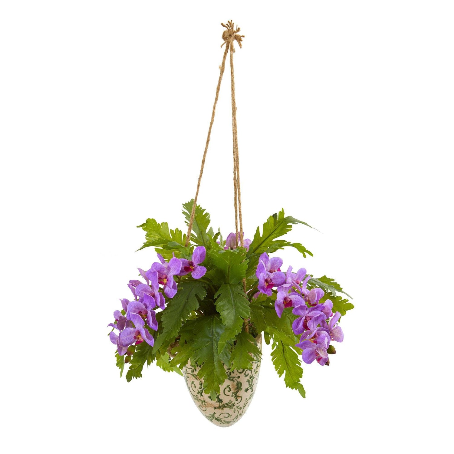 26” Phalaenopsis Orchid and Fern Plant in Hanging Vase