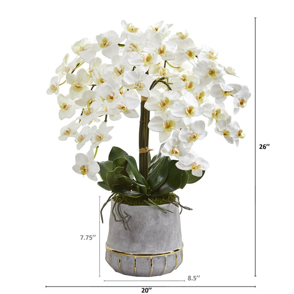 26” Phalaenopsis Orchid Artificial Arrangement in Stoneware Vase with Gold Trimming