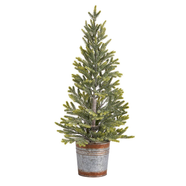 26” Pine “Natural Look” Artificial Christmas Tree with 35 Warm White Lights in Rustic Metal Planter