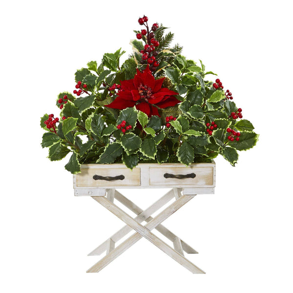 26” Poinsettia and Holly Berry Artificial Arrangement in Drawer Planter